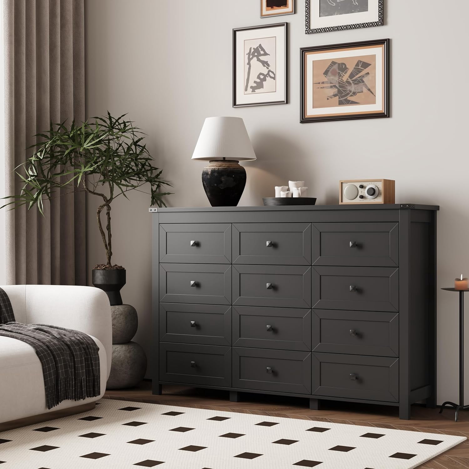 FANRAL Dresser for Bedroom with 12 Drawers,Wood Metal Handle Closet Storage Cabinet,Wide TV Stand Chests of Drawers,Black Dresser