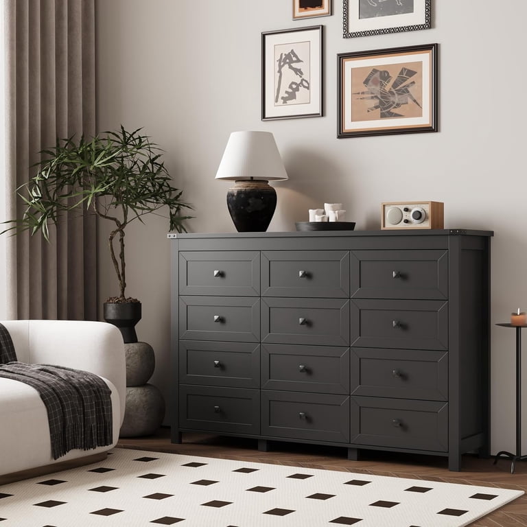 12 drawer black dresser Fanral Dresser for Bedroom with 12 Drawers,Wood Metal Handle Closet Storage Cabinet,Wide TV Stand Chests of Drawers,Black Dresser, Adult Unisex, Size: