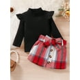 thumbnail image 4 of Musuos Kids Girl Autumn Outfit 12 18 24M 3 4T Ruffle Long Sleeves Turtleneck Tops and Casual Plaid A-line Skirt with Belt Set, 4 of 10