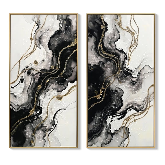 Large Black & White Abstract Wall Art Set of 2, 20x40 Inch Canvas Paintings with Gold Accents, Minimalist Modern Wall Decor for Home & Office