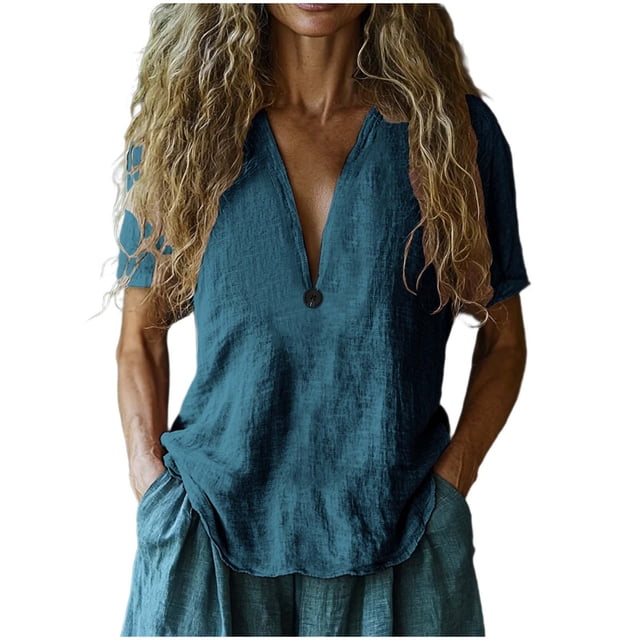 Vestidos Casuales Para Mujer, Blusas De Mujer De Moda Camisa de botones lisa de moda para mujer, blusa holgada con cuello en V para mujer