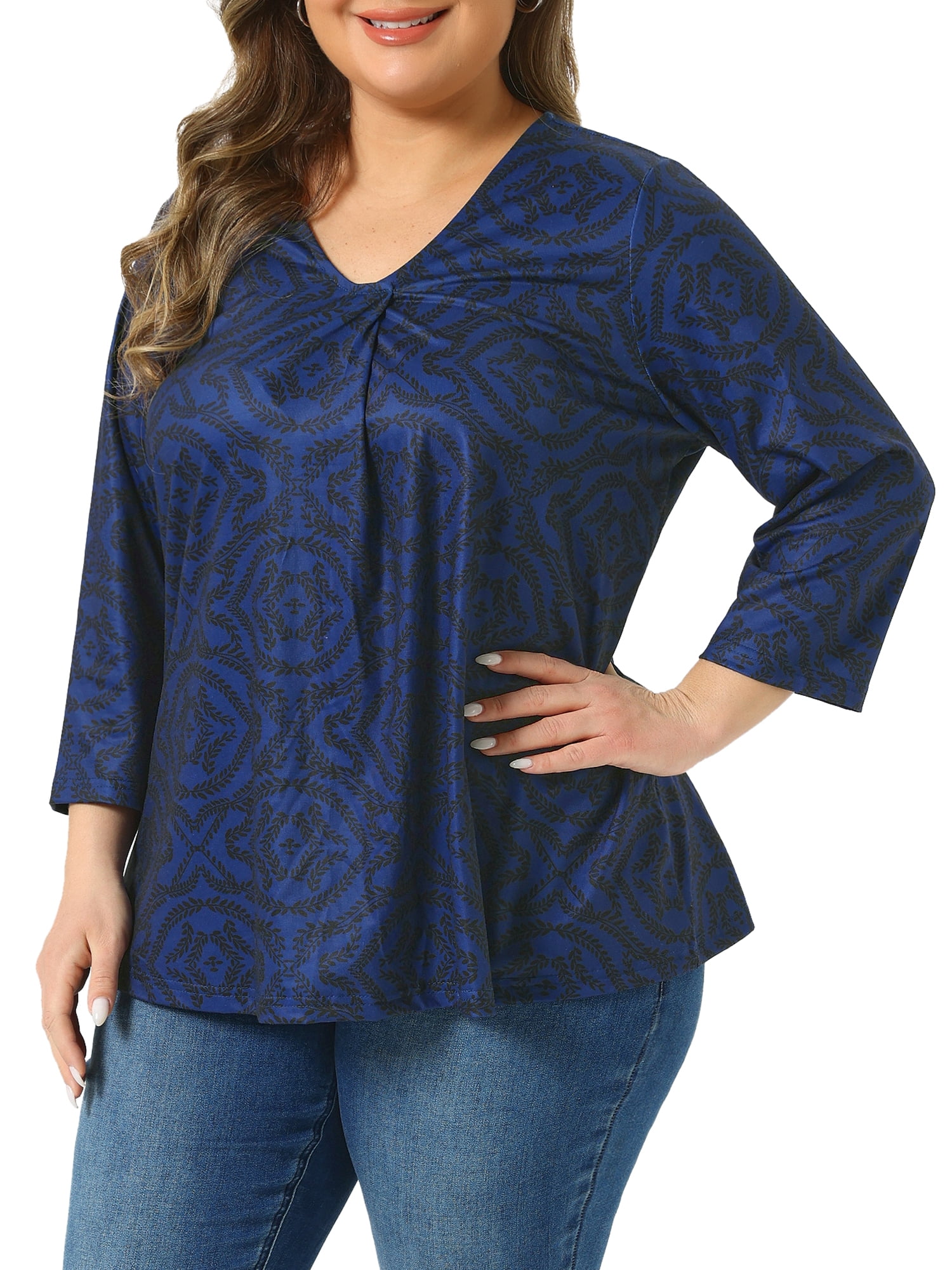 DARING DIVA Women's Plus V Neck 3/4 Sleeve Botanical Print Blouse Tunic Top 3X Navy Blue