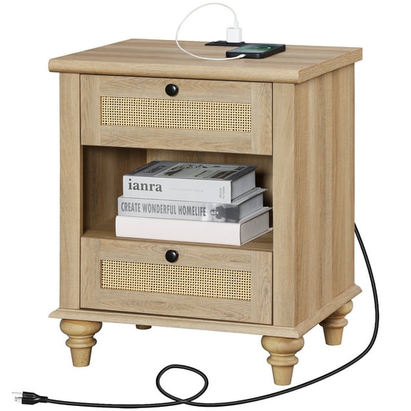 Rattan Night Stand with Charging Station, 20 Inch Vintage End Table with 2 Drawers for Bedroom, Living Room, Antique Oak