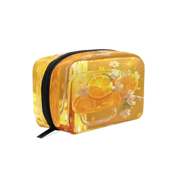 BZSMCE Makeup and Cosmetic Bag Women Simple Orange Drink with Flowers Pattern Square Cosmetic Bag