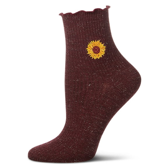 MeMoi Women's Sparkly Ribbed Lettuce Edge Embroidered Sunflower Crew Sock - Womens - Female, 9-11, Burgundy