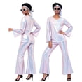 thumbnail image 2 of 70s Disco Two Piece Costume, 70s Disco Metallic Shiny Two Piece Outfit, Bell Sleeve V Neck Top & Flare Pants for Halloween Retro Party Cosplay, Multi Color Glossy Costume Set, Beige L, 2 of 9