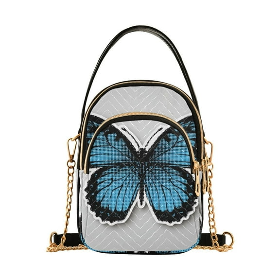 Vzayyk Crossbody Handbag With Detachable Chain Strap Multi-Zipper Pockets Flat Design Butterfly