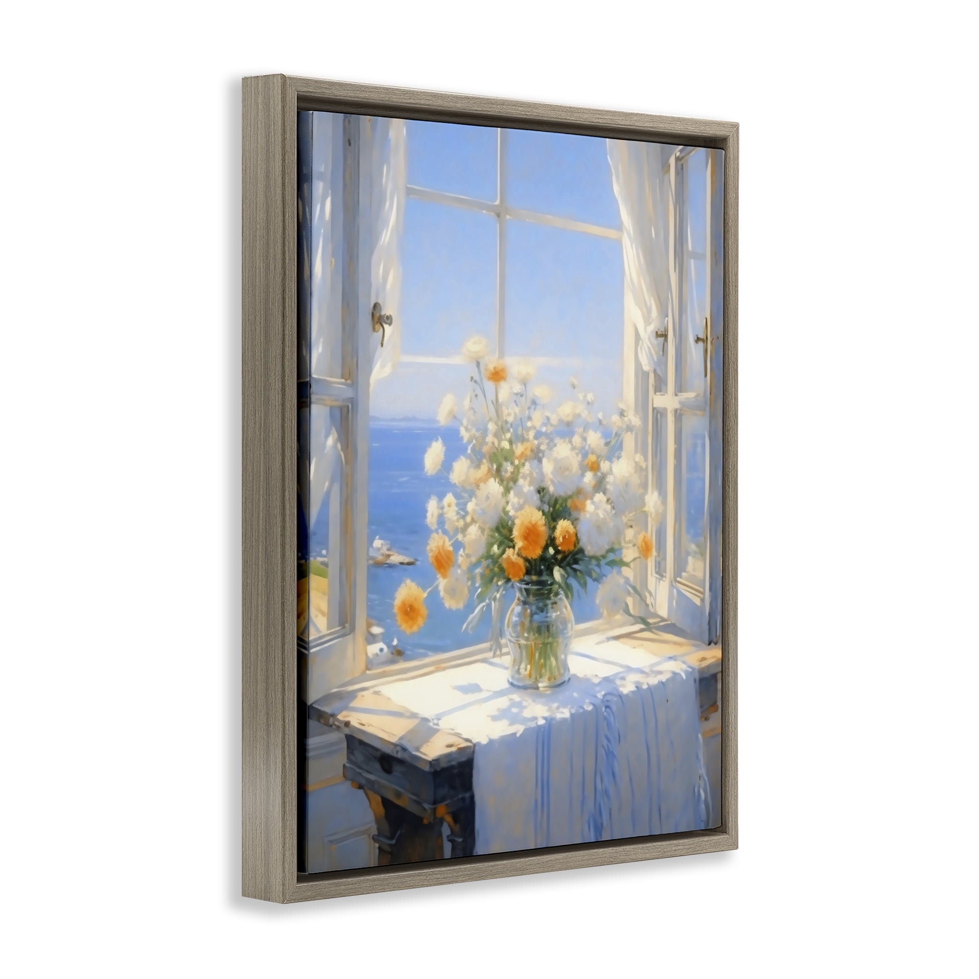 Stupell Industries Floral Window View of Sea Brown Framed Floater Canvas Wall Art, design by Creative Studio