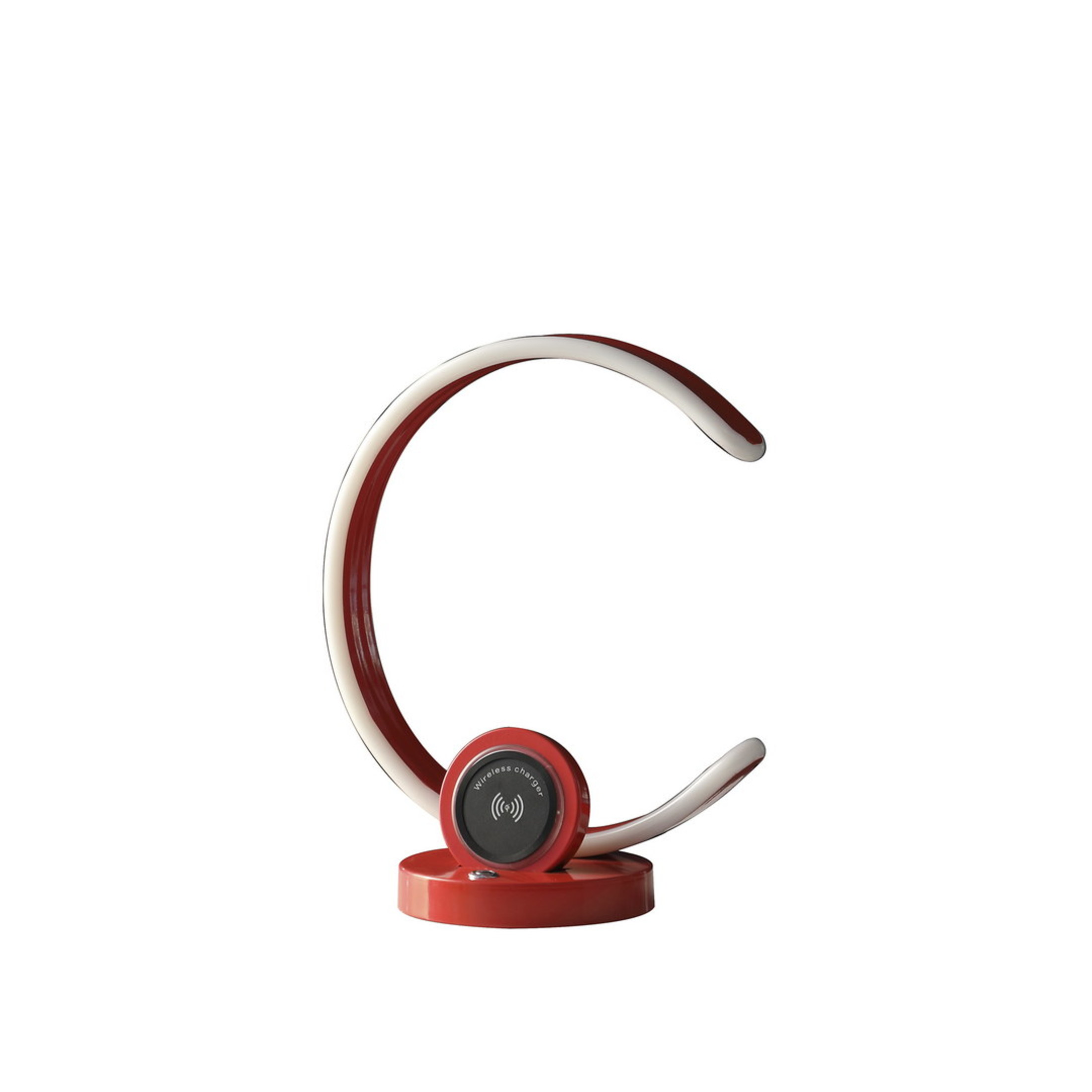 Noble House 13.25" Modern C-Shape LED Metal Table Lamp, Touch Dimmer, USB and Wireless Charger, Bright Red