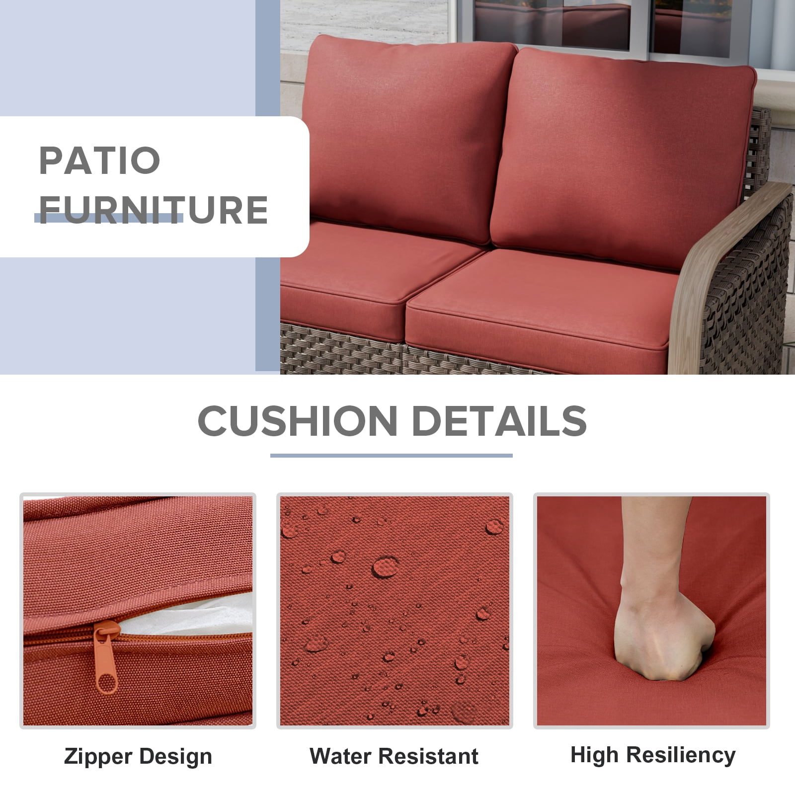 COOS BAY 5 Piece Brown Wicker Patio Sofa Set Outdoor Rattan Furniture Conversation Set Loveseat, Swivel Glider Chairs and Ottomans with Red Cushions