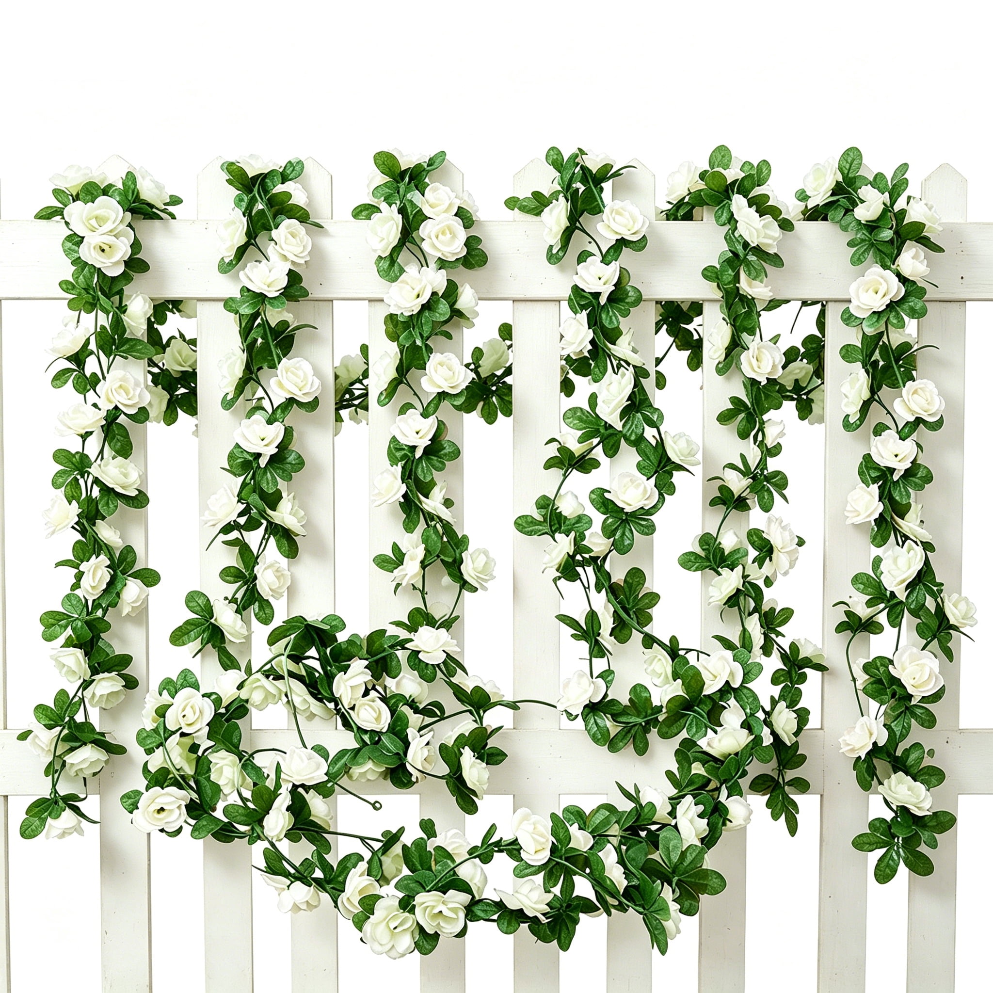 TETOU 6pcs Flower Garlands Artificial Rose Vine Flowers with Leaves 66ft Hanging Roses Vine for Room Wedding Birthday Christmas Wall Decor(White)