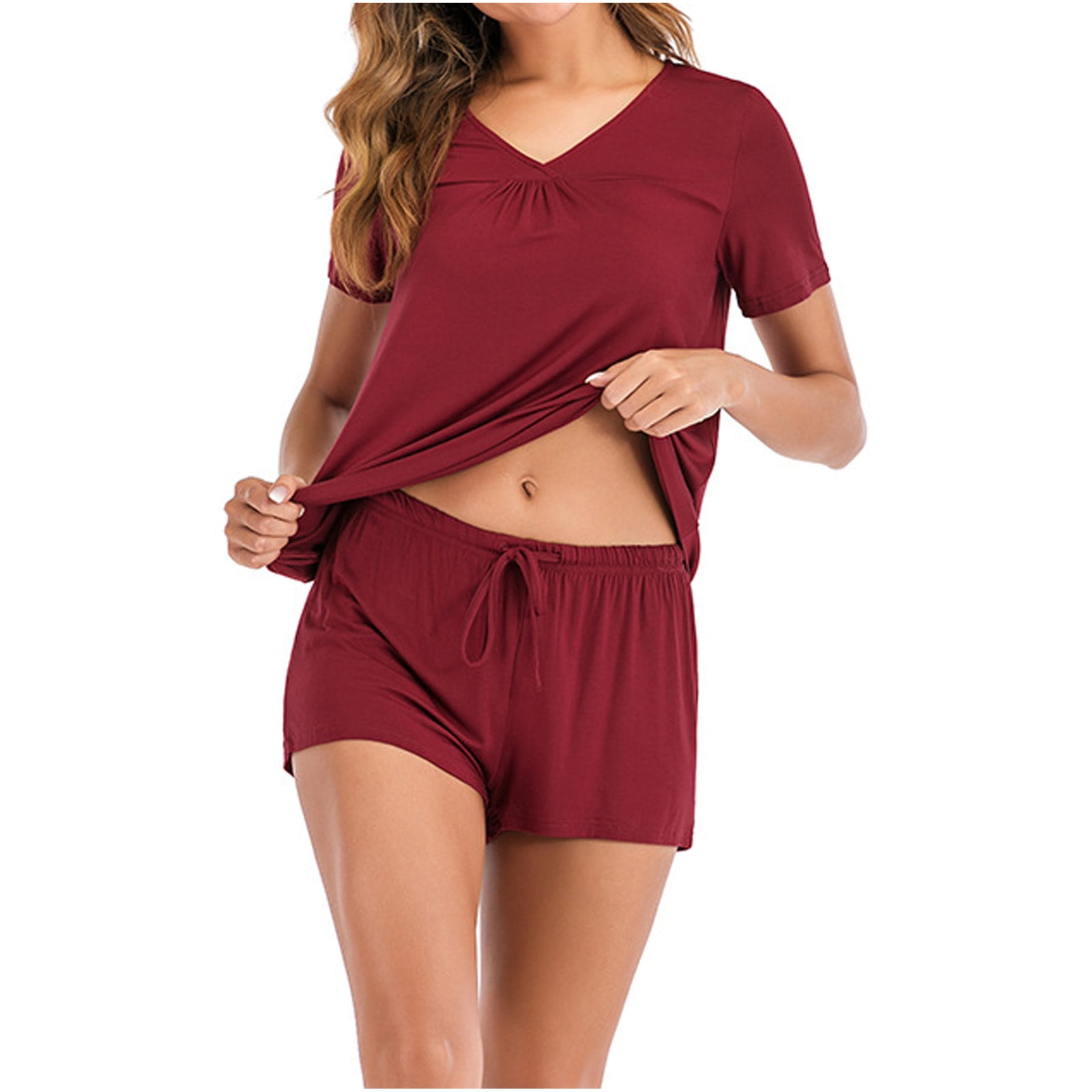 BONIXOOM Christmas Pajamas For Women Matching Family Christmas Pajamas Sleepwear None Short Sleeve Sleep Pants Solid Wine L
