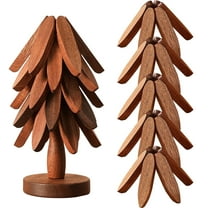 Walnut Wood Insulation Pad Set, Natural Wooden Trivet Set - 3/4/5 Wooden Trivets & 1 Stand Like a Christmas, Foldable Kitchen Wooden,for Hotdishes Pot Bowl Teapot Hot Pot Holder