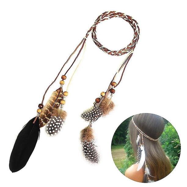 white Diadema De Plumas Ropa Para El Cabello Hippie - Tocado De Plumas Trenzadas Con Borlas