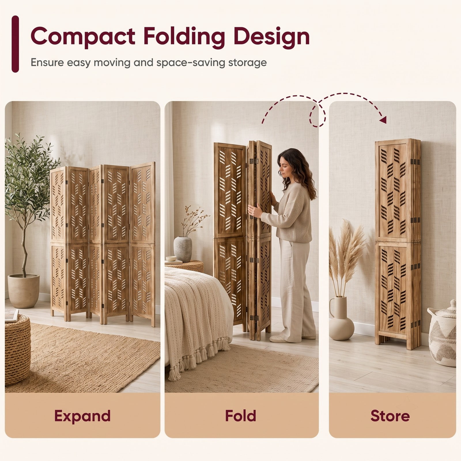 ALPULON 5.5 FT Tall 6-Panel Folding Room Divider Privacy Screen with Wave Cutout and Paulownia Wood Frame for Living Room Bedroom Office, Brown