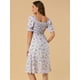 thumbnail image 5 of Vestido floral midi fruncido informal con mangas abullonadas y cuello cuadrado para mujer Púrpura XS, 5 of 6