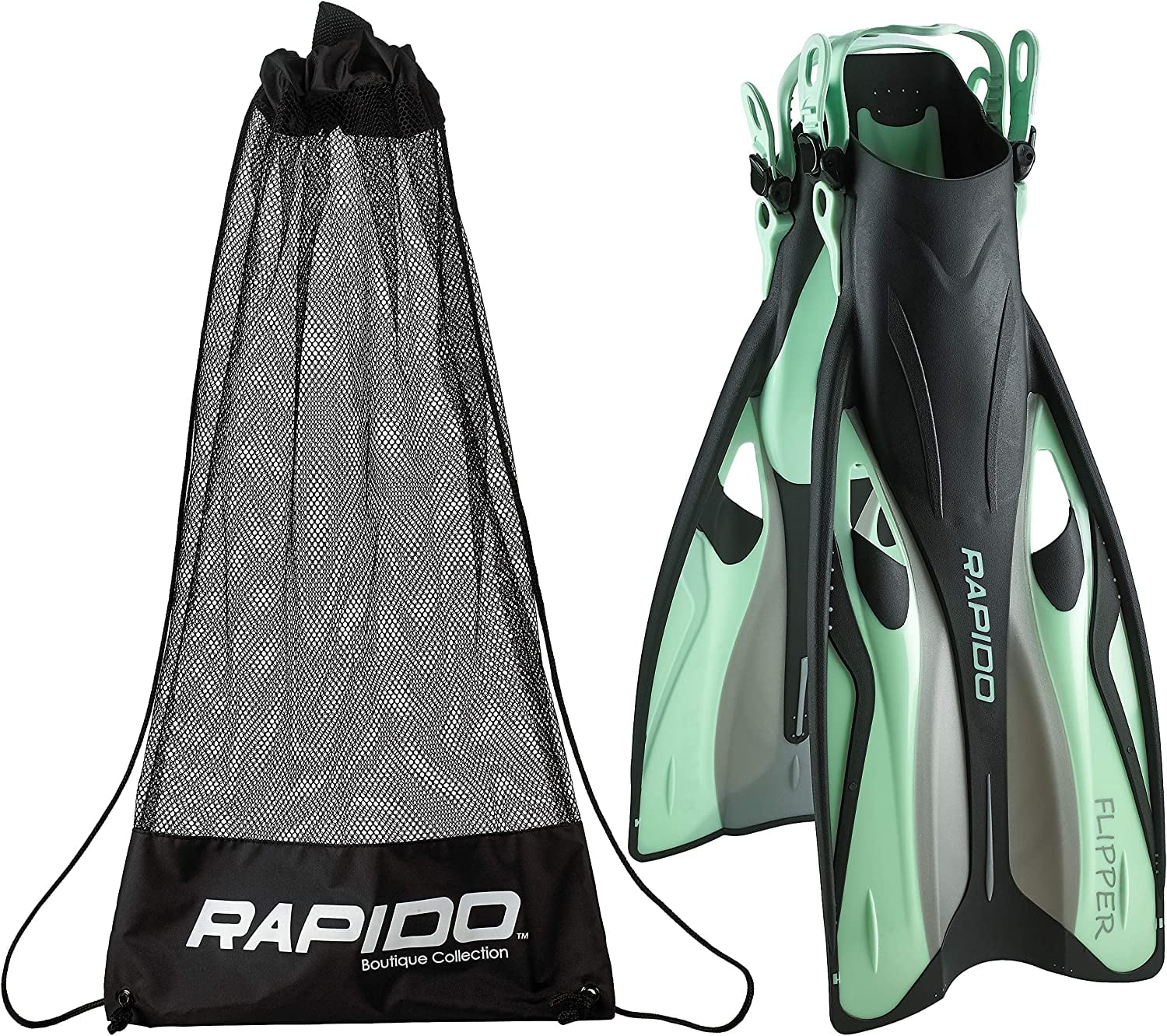 Rapido Boutique Collection Flipper Open Heel Adjustable Snorkel Fin with Snorkeling Gear Carry