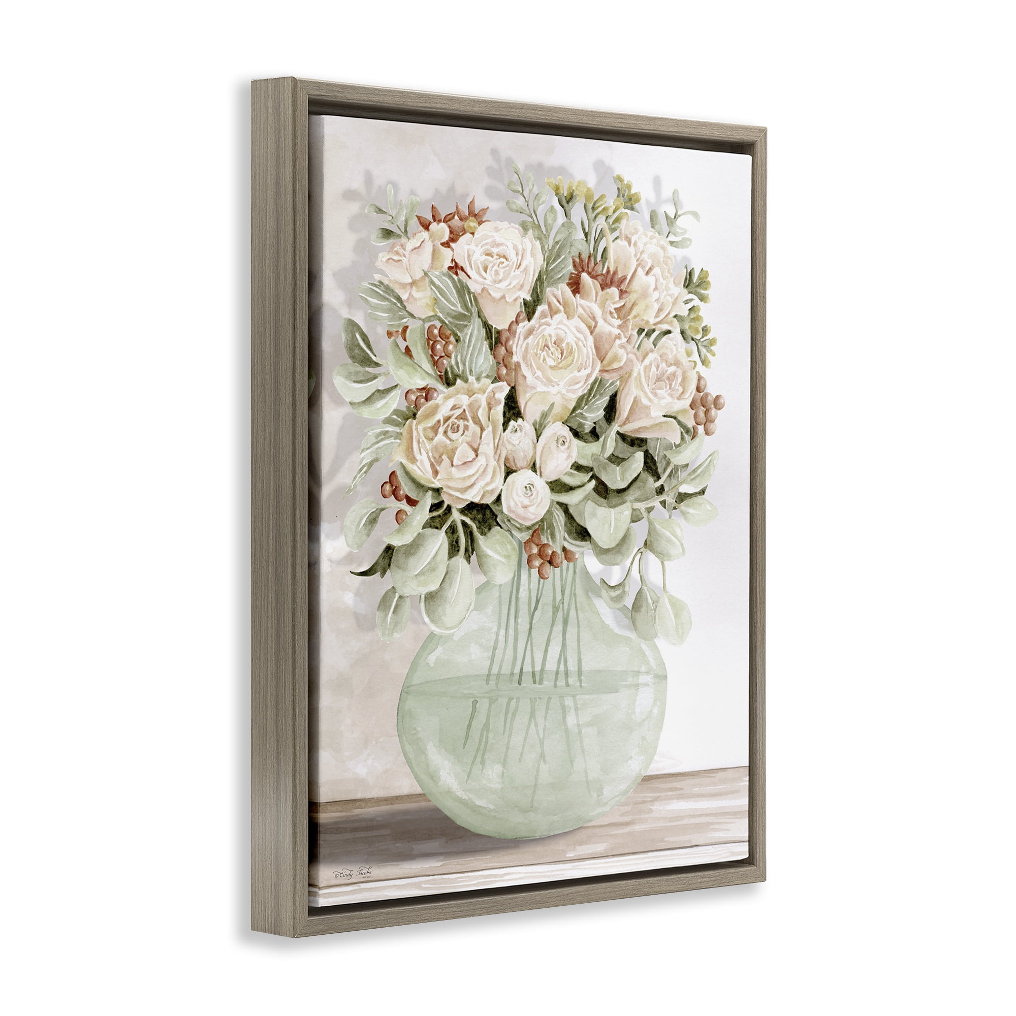 Stupell Industries Rose & Herb Bouquet Plants & Flowers Painting Brown Floater Framed Canvas Art Print Wall Art, 17 x 21