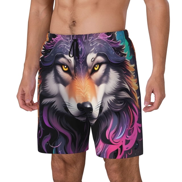 Kdxio Colorful Wolf Head A Print Mens Swim Shorts with Mesh Lining, Breathable and Quick-Drying, Adjustable Waist, Privacy Pocket-Large