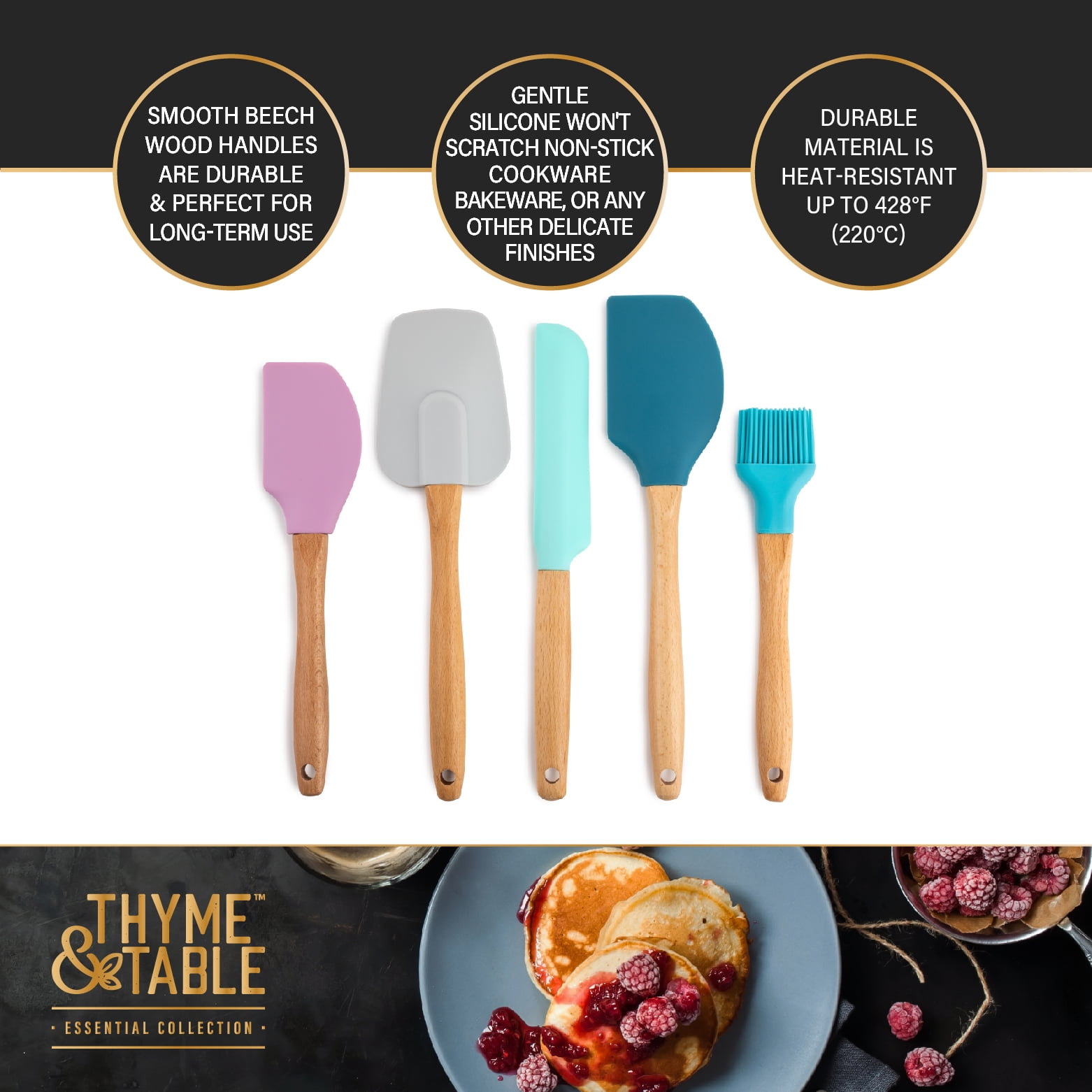 Thyme & Table Silicone Utensils, 5-Piece Set, Tongs, Basting Brush, Spatula, Turner, Spoon