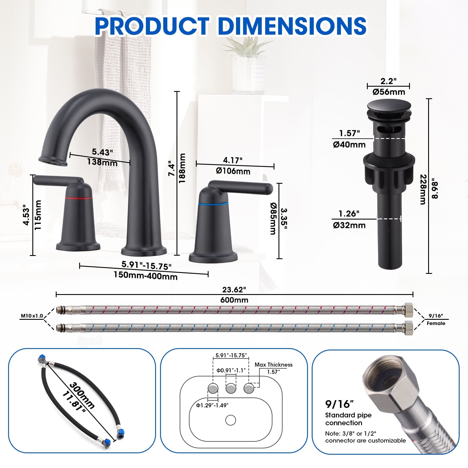 Wowkk Sanitary Ware Brass Bathroom Sink Faucet 2 Handles Widespread Bathroom Faucet 3 Hole, Pop-Up Drain and cUPC Supply Lines Included, Basin Faucets for Vanity Rv Restroom, Matte Black