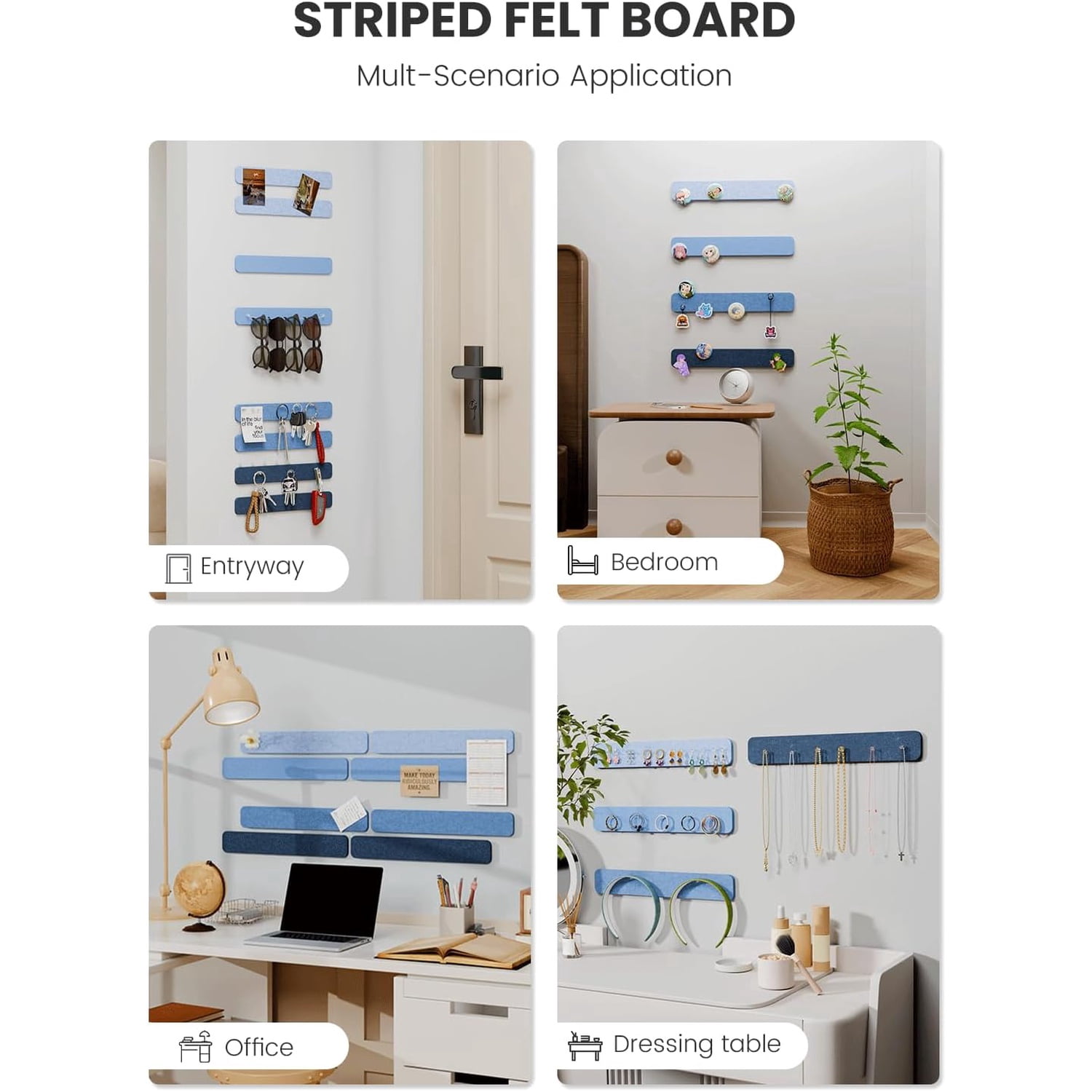 Cork Board Alternative Felt Strip Board 8-Pack 13"x2", Office Pin Board with 50 Push Pins, Adhesive Install for Bedroom Door & Home Office(Denim Mist)