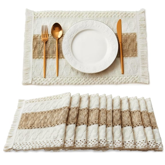 12 Pack Boho Placemats with Tassels, Cotton Linen Woven Table Mats 11.8 x 19.6 inch, Farmhouse Dining Table Decor for Kitchen, Wedding, Party & Holiday, Brown & White
