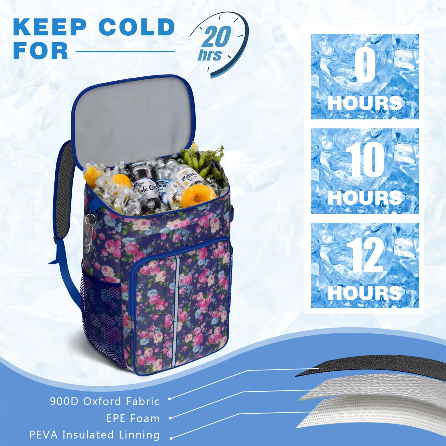 Travel Cooler Bag - Pioneer Flower Floral Print Pattern Camping Beer Cooler Backpack with Bottle Opener- Waterproof Insulated Picnic Backpacks - Cooler Bag for Beach