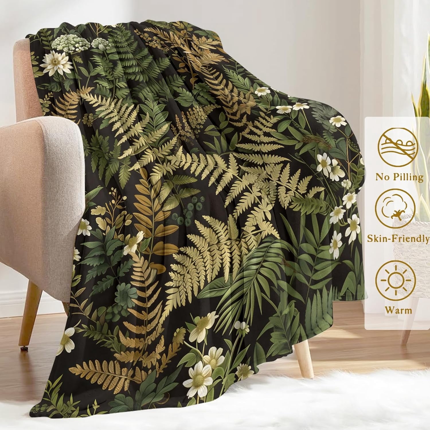 Botanical Flannel Blanket - Lightweight Soft Cozy Unique Gifts Blankets for Nature Lovers,Users,Adult,Women,Wildflower Plant Fern Leaves Throw,Home Room Modern Forest Decor 50x60in