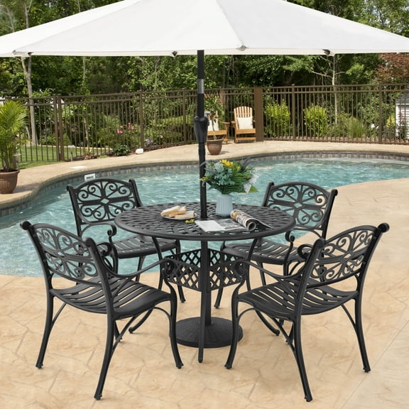Nuu Garden 5-Piece Patio Dining Set, Cast Aluminum Outdoor Dining Set for 4 with 2.24" Umbrella Hole, Outdoor Table and Chairs for Backyard, Deck, Garden, Black