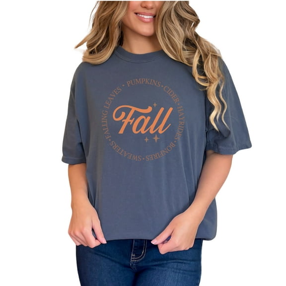 Fall, Falling Leaves, Pumpkins, Cider, Hayrides, Bonfires, Sweaters, Merch, Denim Comfort Colors T-Shirt, Small