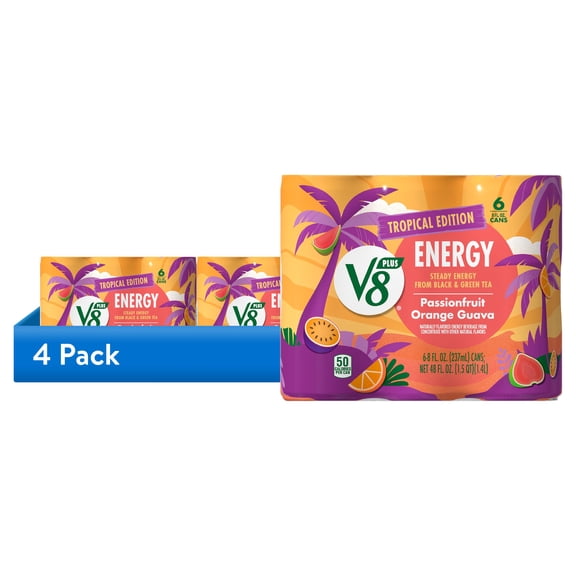 (4 pack) V8 Energy Passionfruit Orange Guava Juice Energy Drink, 8 fl oz Can, 6 Count