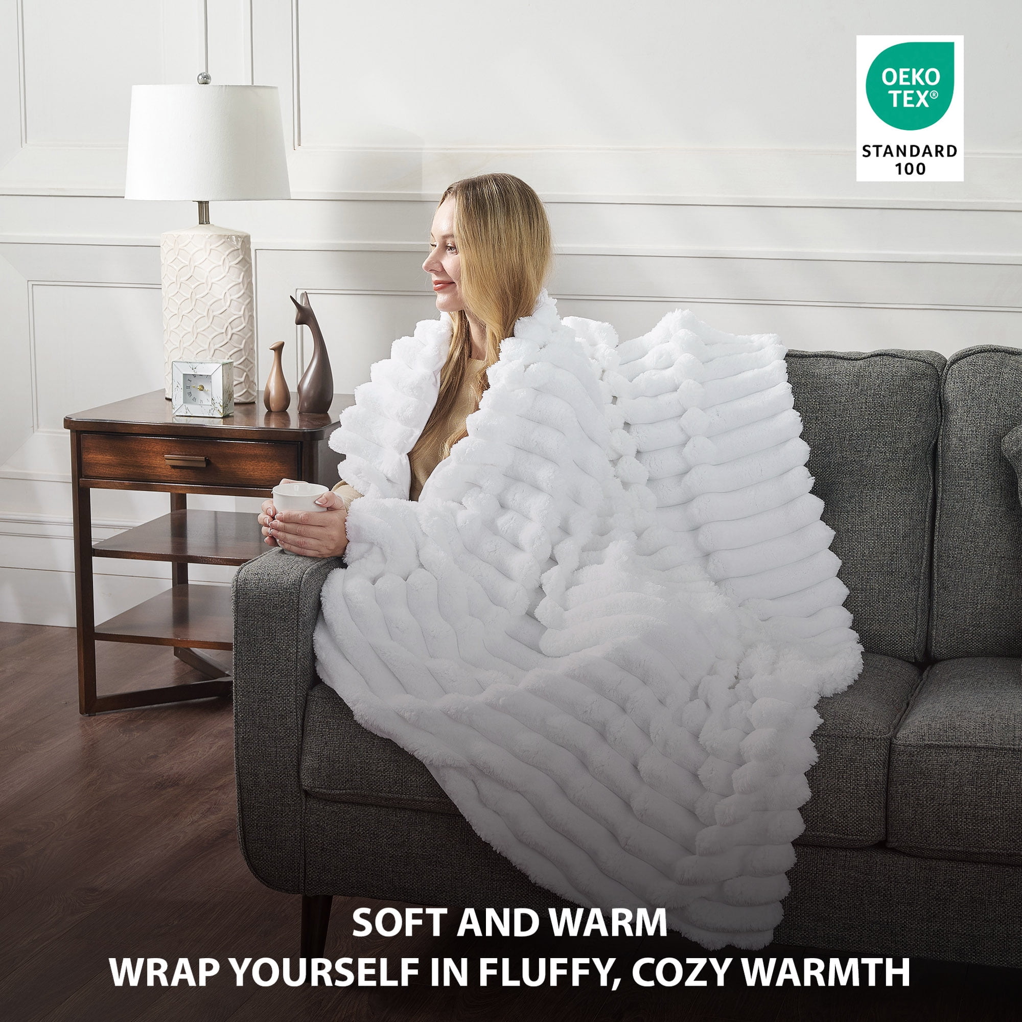 CBCHome Jumbo Plush Ribbed Twin Extra Long College Dorm Bed Blanket - Super Soft, Fluffy Back to School Essentials for Girls Guys Teens (Bright White, Twin/Twin XL 66"x90")