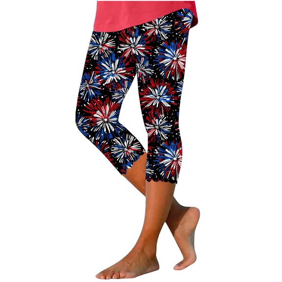 Hvot&aat 4th of July Capri Leggings for Women Plus Size Knee Length Beach Pants Soft Workout Tights Pants