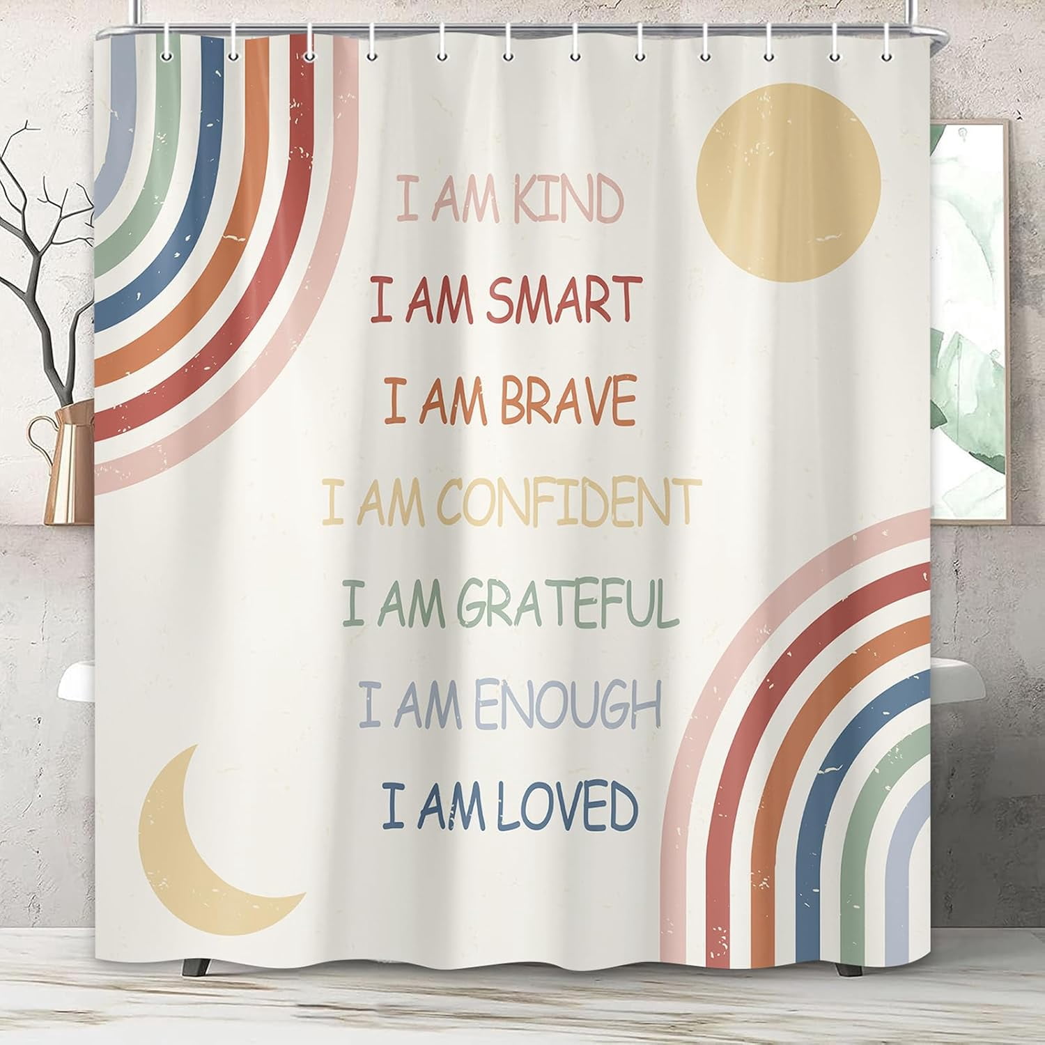 Rainbow Shower Curtain for Kids, Inspirational Quotes Shower Curtain Set for Bathroom, Abstract Boho Positive Teen Fabric Shower Curtain Restroom Bathtub Decor Accessories with Hooks