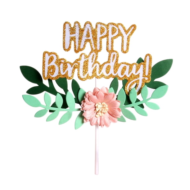 KAKOWELY 4 piezas de letras de feliz cumpleaños con hojas de flores insertadas con palo para decoración de tartas
