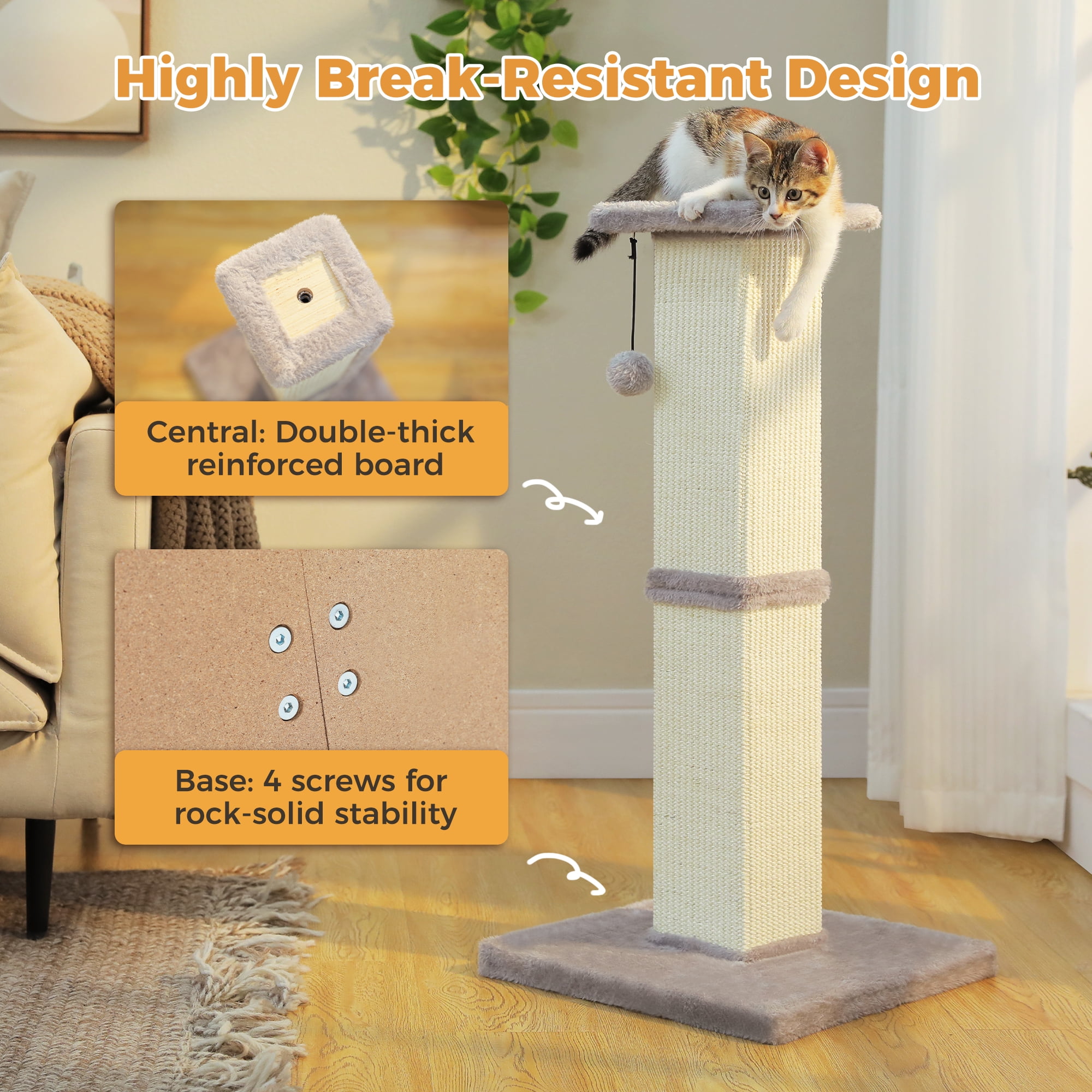 PAWZ Road 32" Tall Sisal Cat Scratching Post for Indoor Cats - Durable Cat Scratcher with Wide Base, Gray