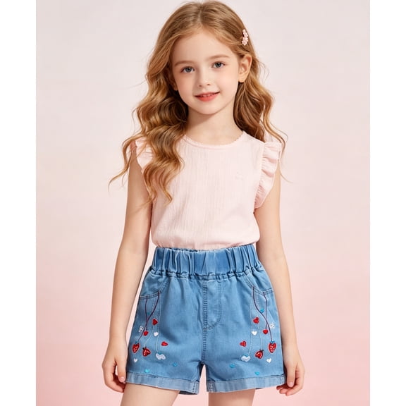 DAETIROS Little Girls Jeans Shorts, Summer Casual Cotton Graphic Fashion Cute Pull-On Lounge Shorts Blue Size 10-11 T