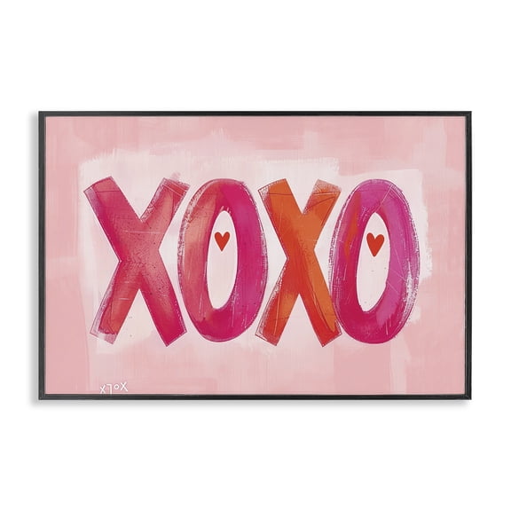 Stupell Industries Pink XOXO with Hearts Quotes and Sayings Painting Black Framed Art Print Wall Art, 18 x 12