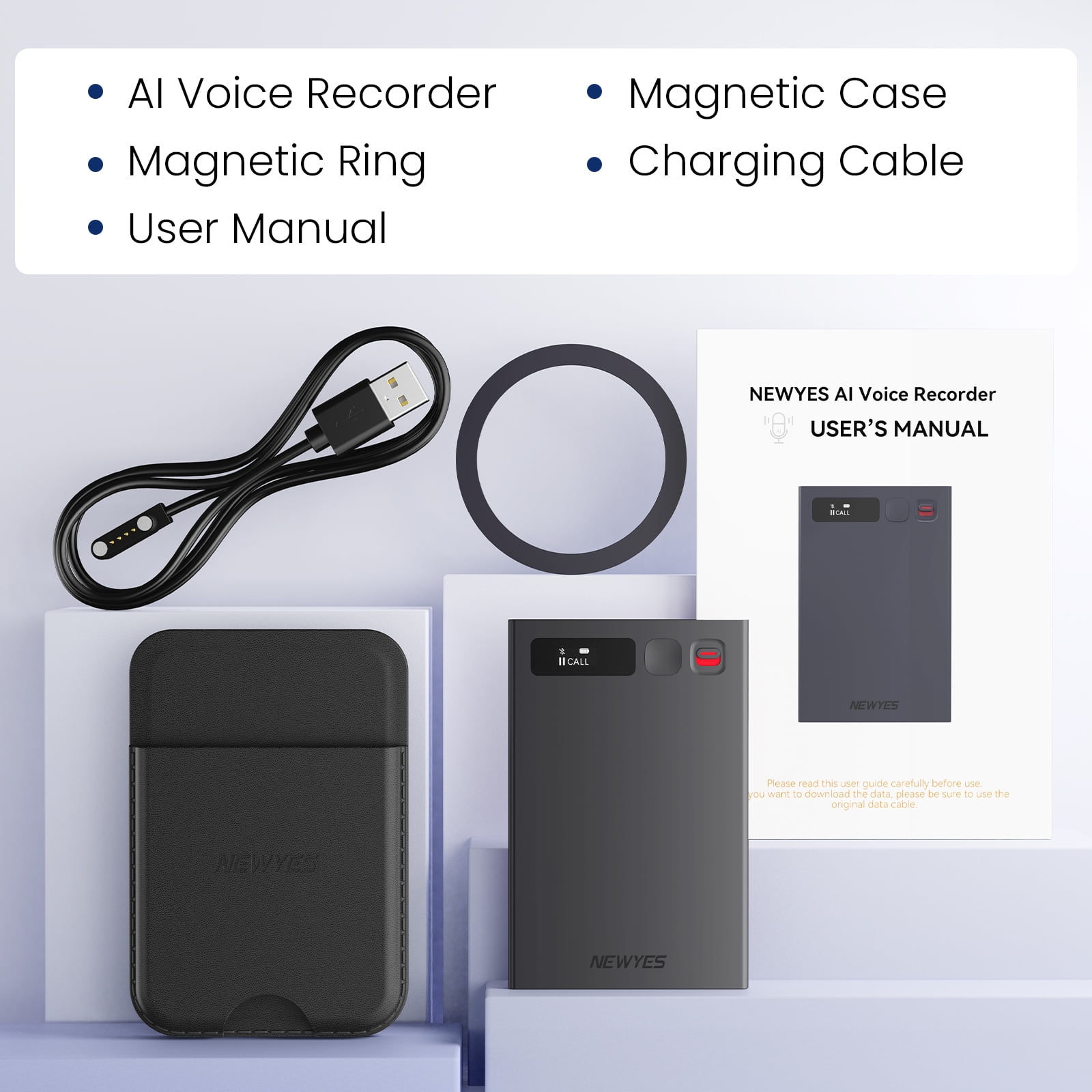 AI Voice Recorder, NEWYES Ailog Smart Audio Recorder, App Control, Transcribe & Summarize, 188+ Languages Translation, 64GB Memory, Audio Recorder for Meetings, Lectures, Calls, Business, Class
