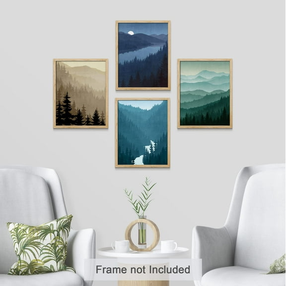 PixonSign Frameless Wall Art Forest Mountain Silhouette Landscape Prints, Set of 4 Nature Wall Decor Arts, Landscape Wall Décor, Adhesive Canvas Poster, Modern Home Artwork - 8"x10"