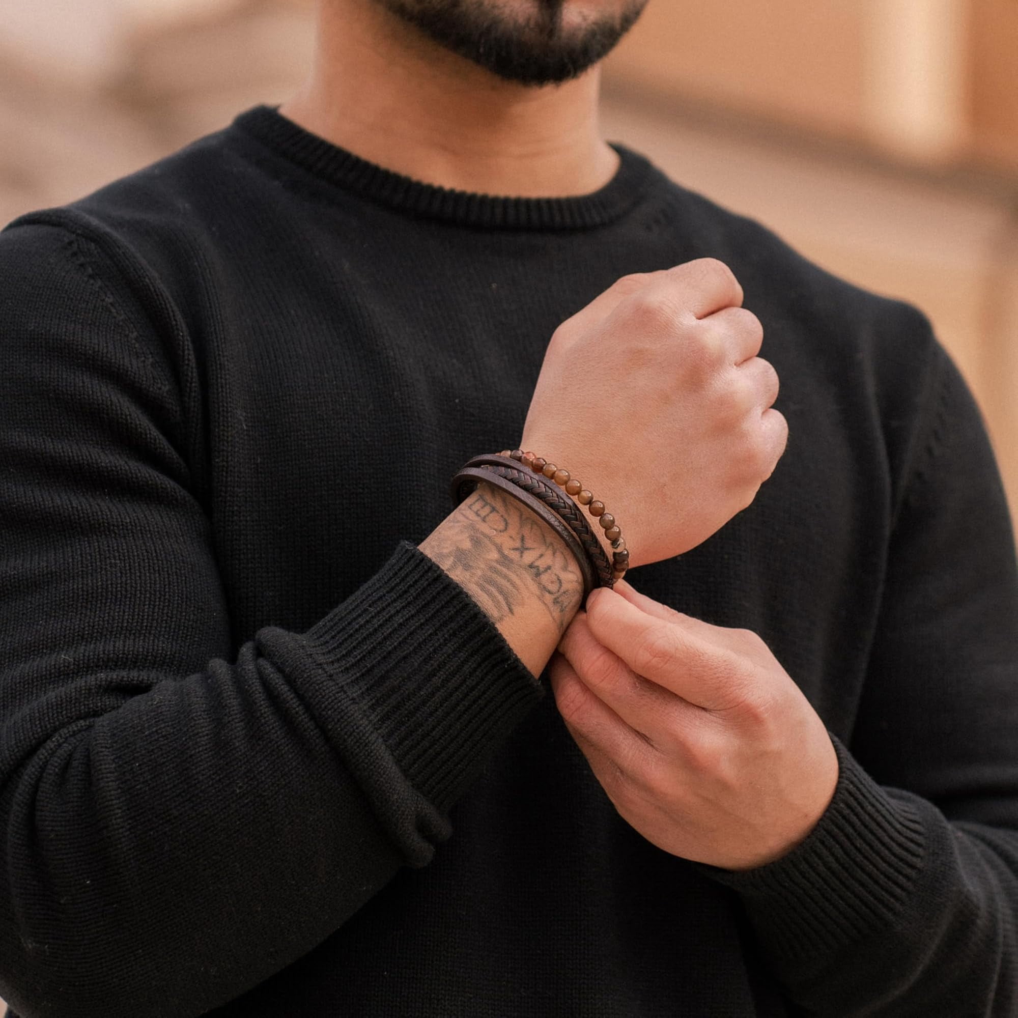 SERASAR Premium Genuine Leather Bracelet for Men [Stone] in Brown | Natural Stone Beads | 17cm | Stainless Steel Magnetic Clasp | Includes Jewelry Box