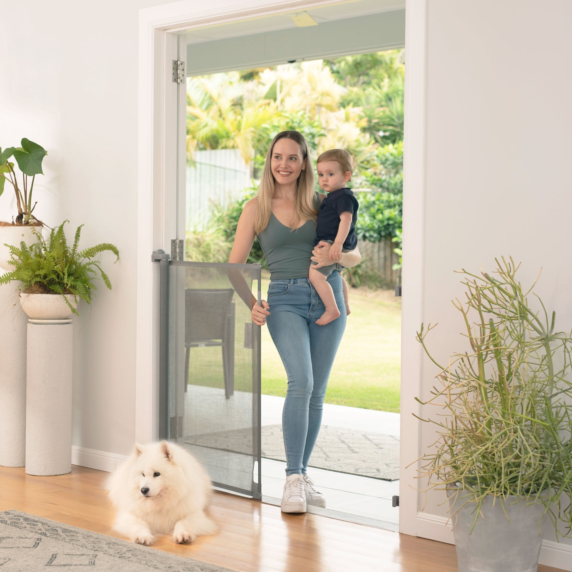 Perma 36” H x 71" W Retractable Baby Gate for 6-24 Months, Manual Tensioning & 3-Way-Locking, Gray