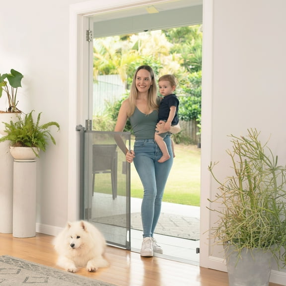 Perma 36” H x 71" W Retractable Baby Gate for 6-24 Months, Manual Tensioning & 3-Way-Locking, Gray
