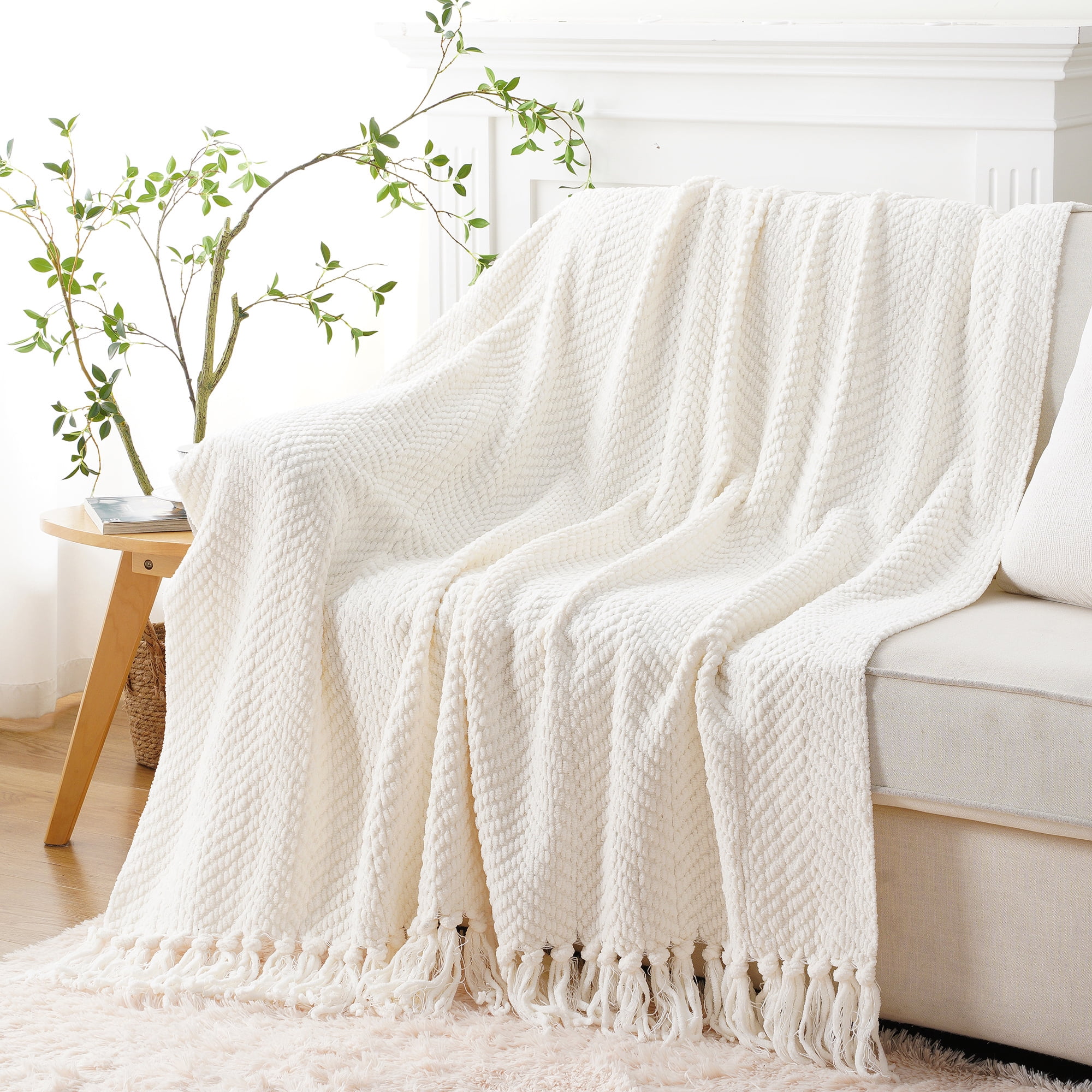 Battilo Cream Throw Blanket for Couch Bed,White Textured Blanket with Tassels for Home Decor,60"x80"