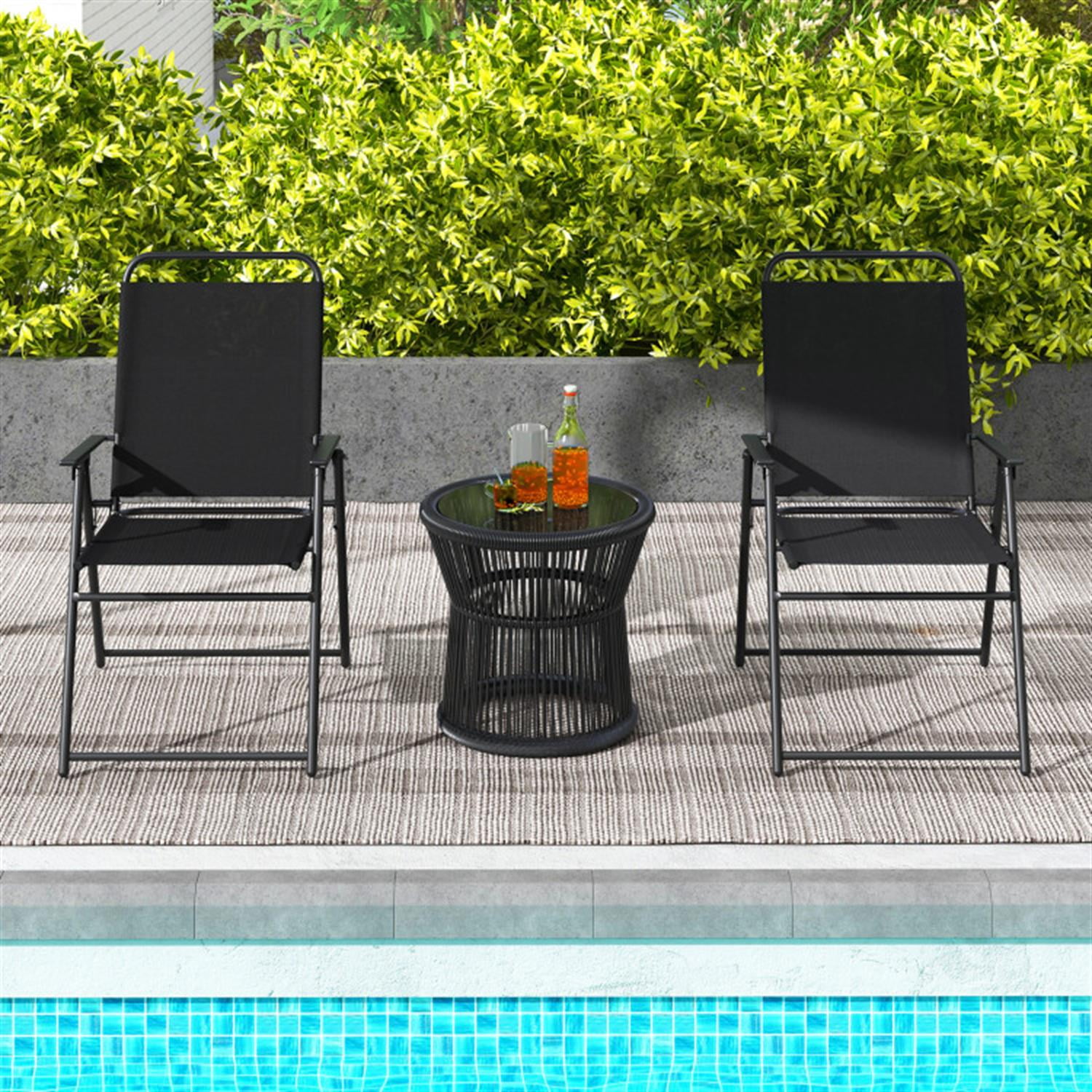 Demi Bonn Outdoor Folding Sling Chairs Set of 2 with Armrest and Backrest, Outdoor Accent Furniture Lounge Chairs for Yard, Garden, Patio, Black