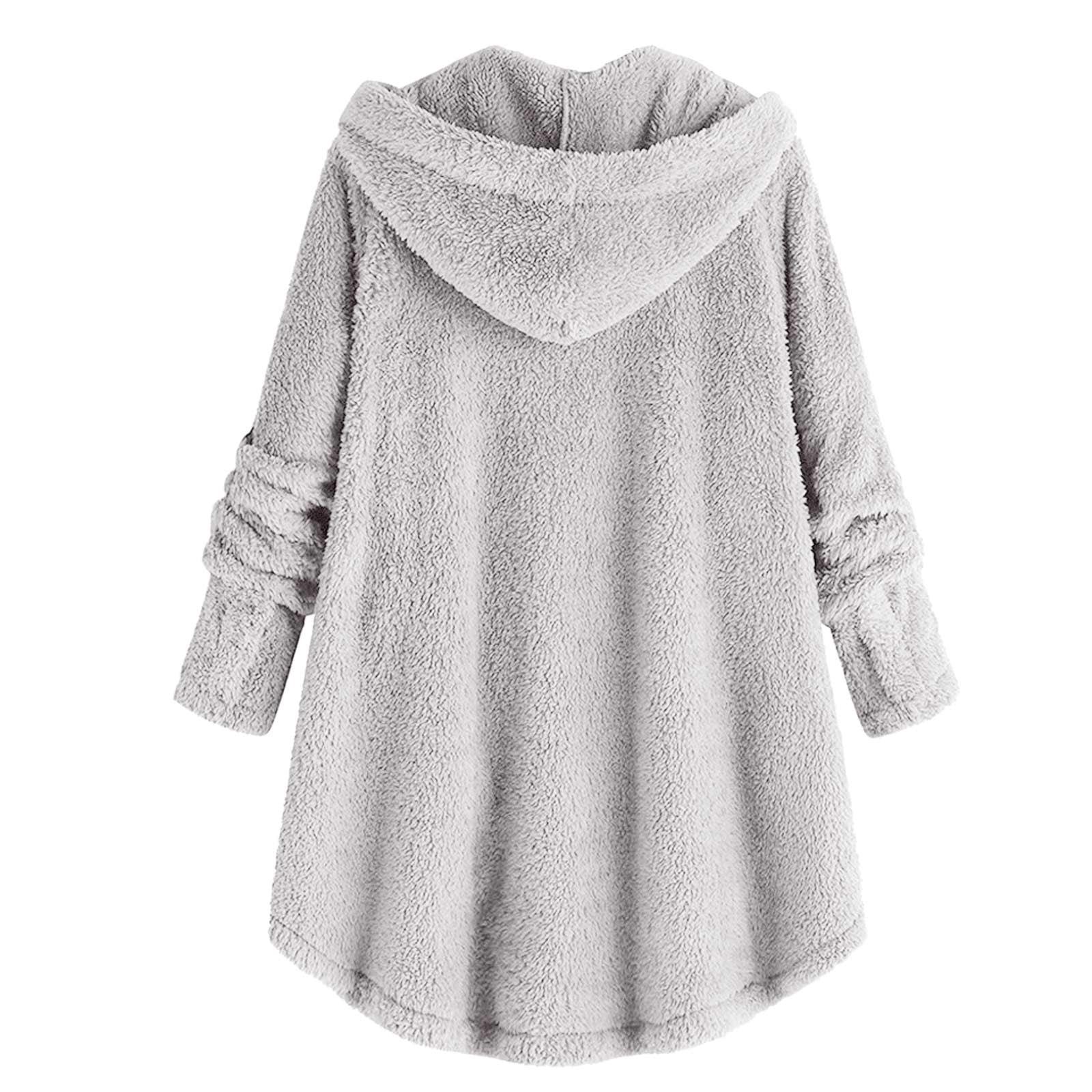 Womens Winter Coats Hooded Plus Size S-5X Fleece Button-Down Long Sleeve Jackets Ladies Casual Solid Soft High Low Hem Warm Outerwear Coat