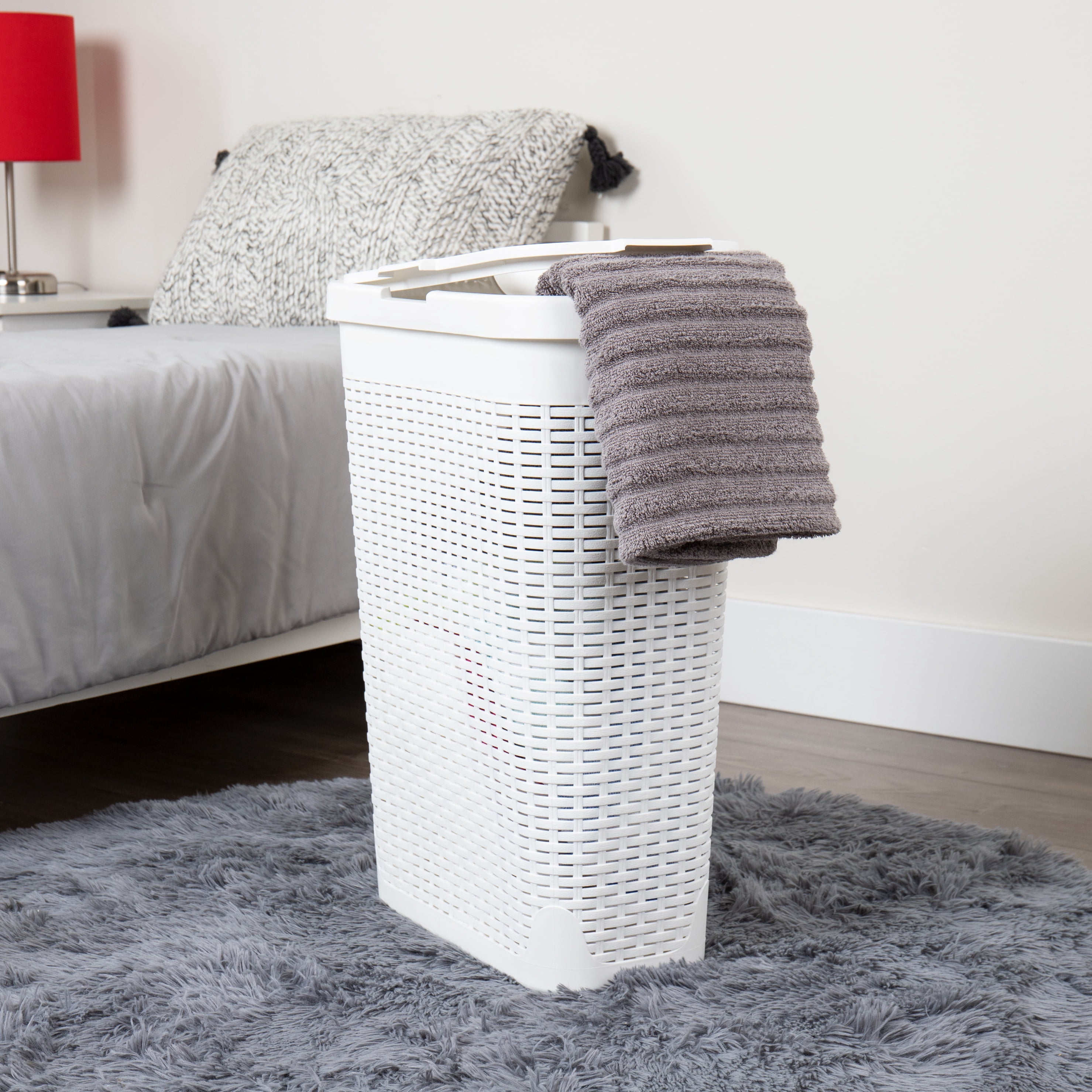 Mind Reader 40L Slim Laundry Hamper, Clothes Basket, Lid, Wicker Design, Plastic, 18"L x 10.4"W x 23.5"H, Set of 3, White