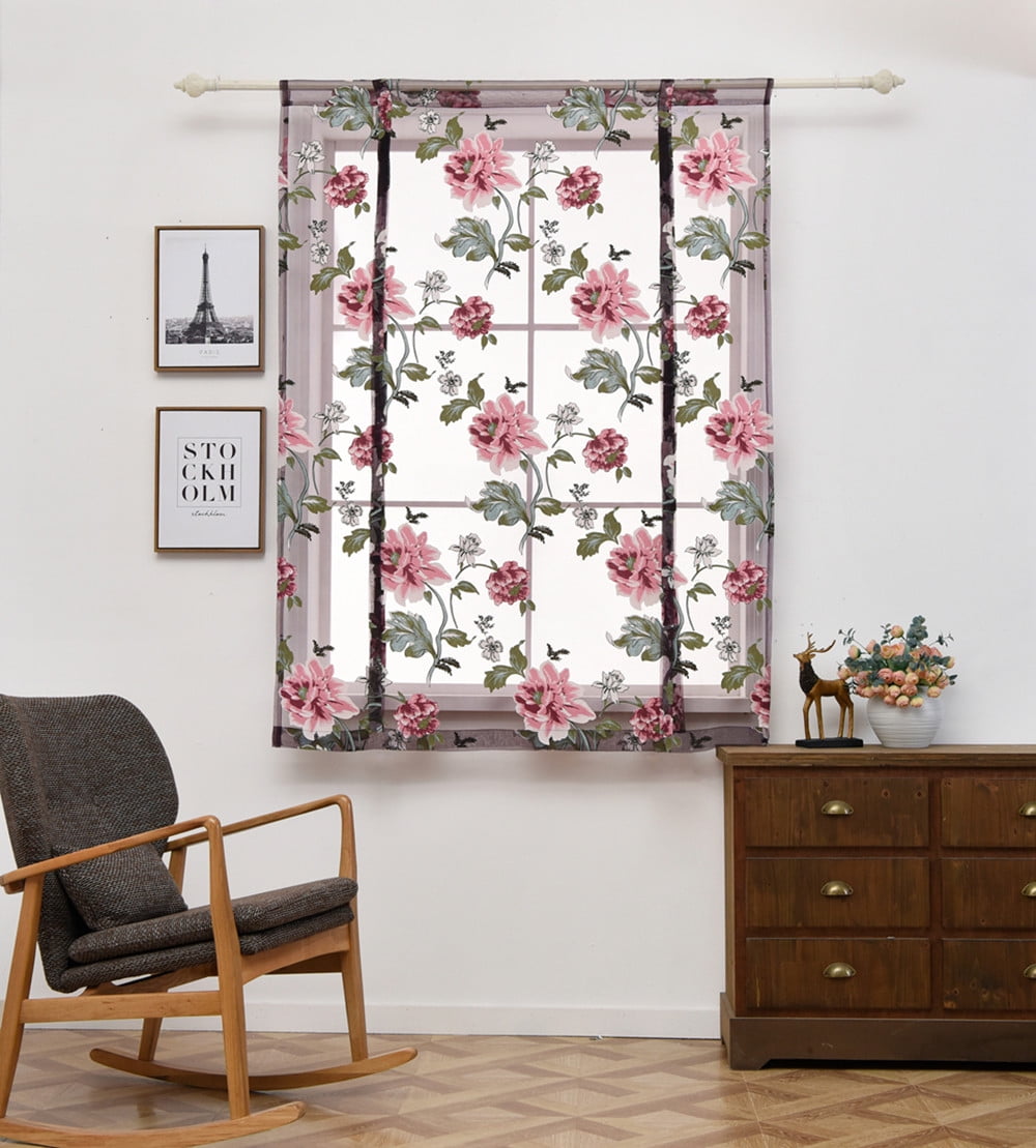 Rod Liftable Kitchen Bathroom Window Roman Curtain Floral Sheer Voile Valances 