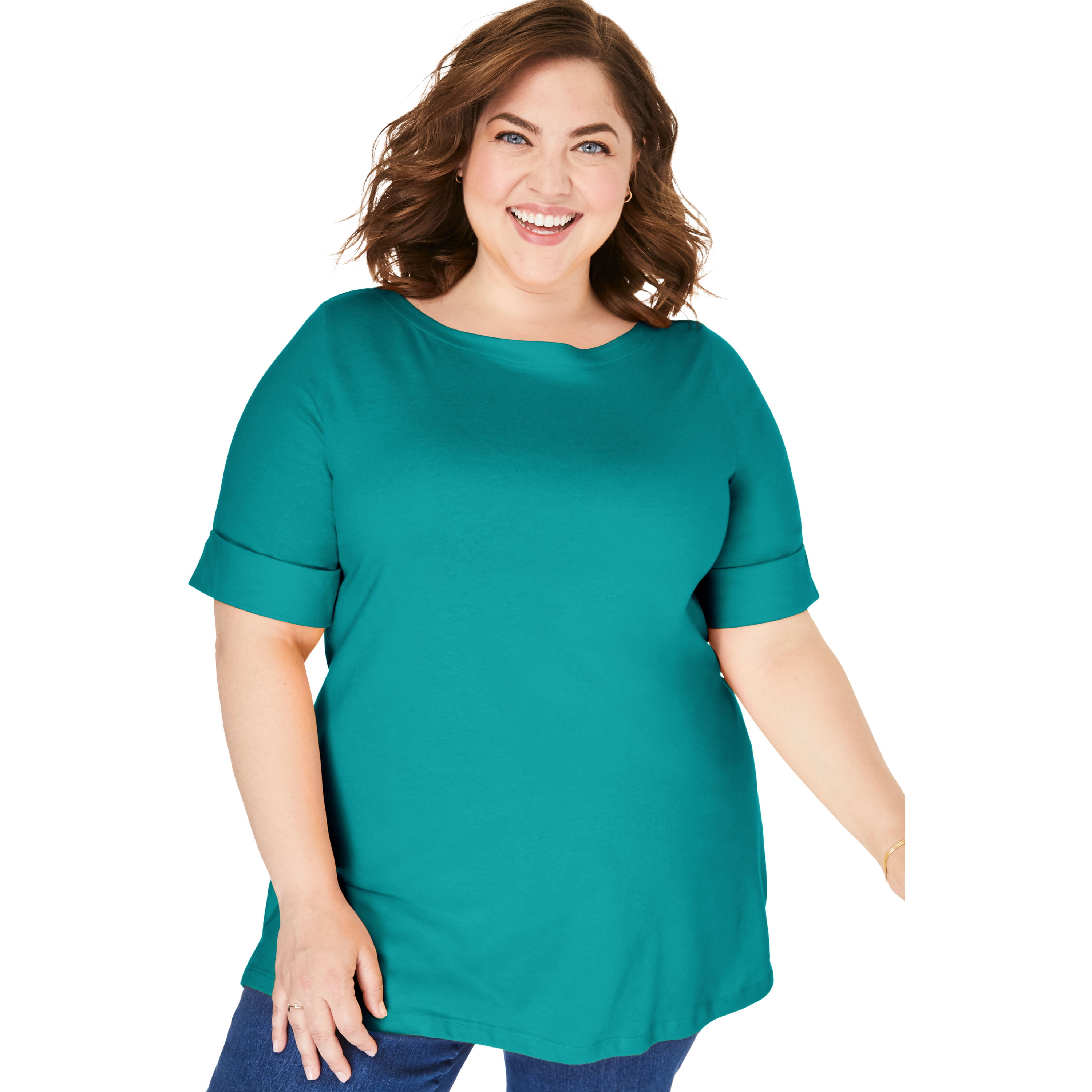 Woman Within Womens Plus Size Perfect Boatneck Cuffed-Sleeve Tee 